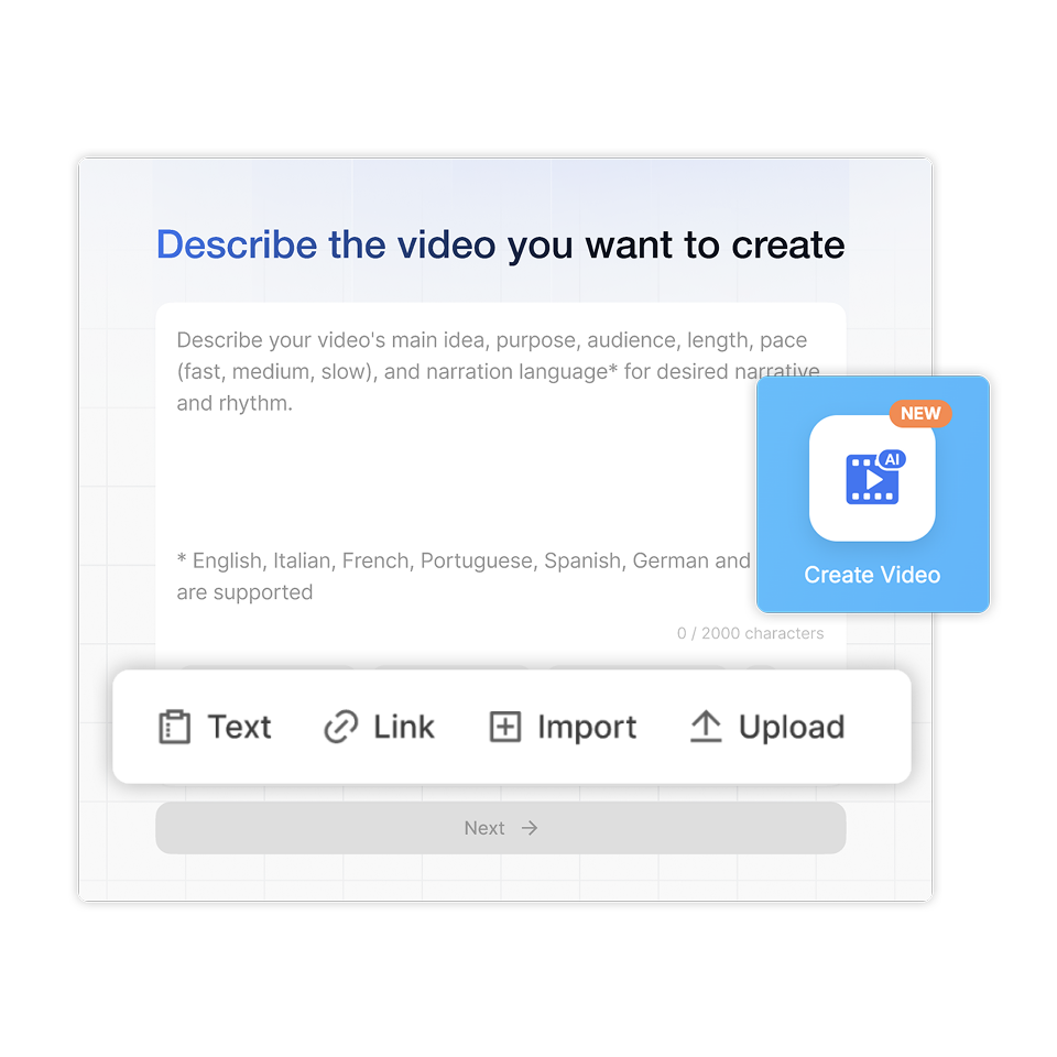 AI video editor with Visla lets you start your video project by uploading media or describing your idea.